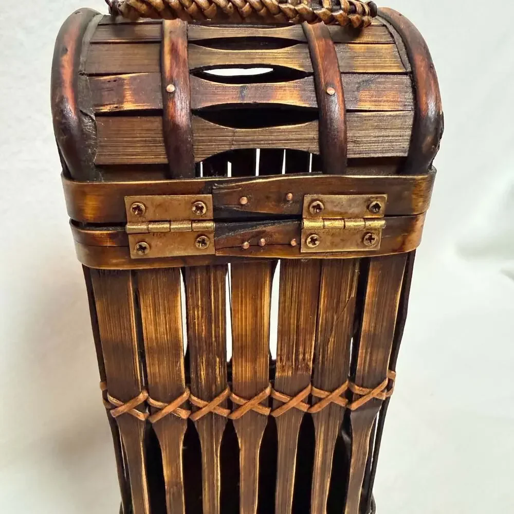 Bamboo Wooden Vintage Wine Liquor Bottle Carrier Handle Clasp Farmhouse Boho